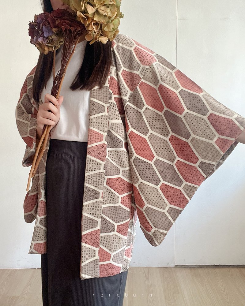 日本制和风印花薄款卡其粉古着羽织和服外套 - 女装休闲/机能外套 - 聚酯纤维 粉红色