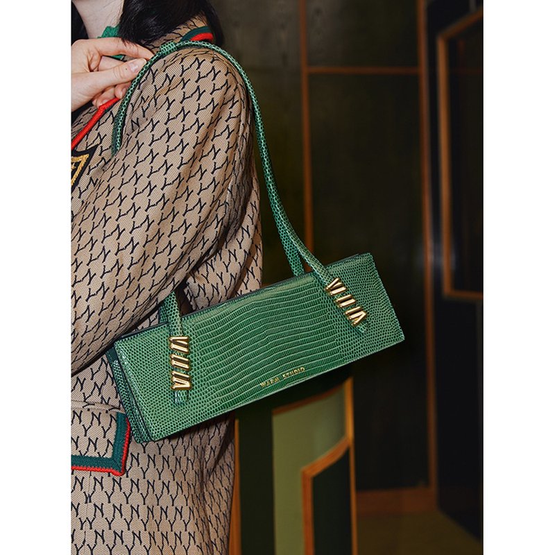 祖母绿 复古蜥蜴纹长条口琴包 手提单肩侧背腋下包 时髦法棍包 - 手提包/手提袋 - 真皮 绿色