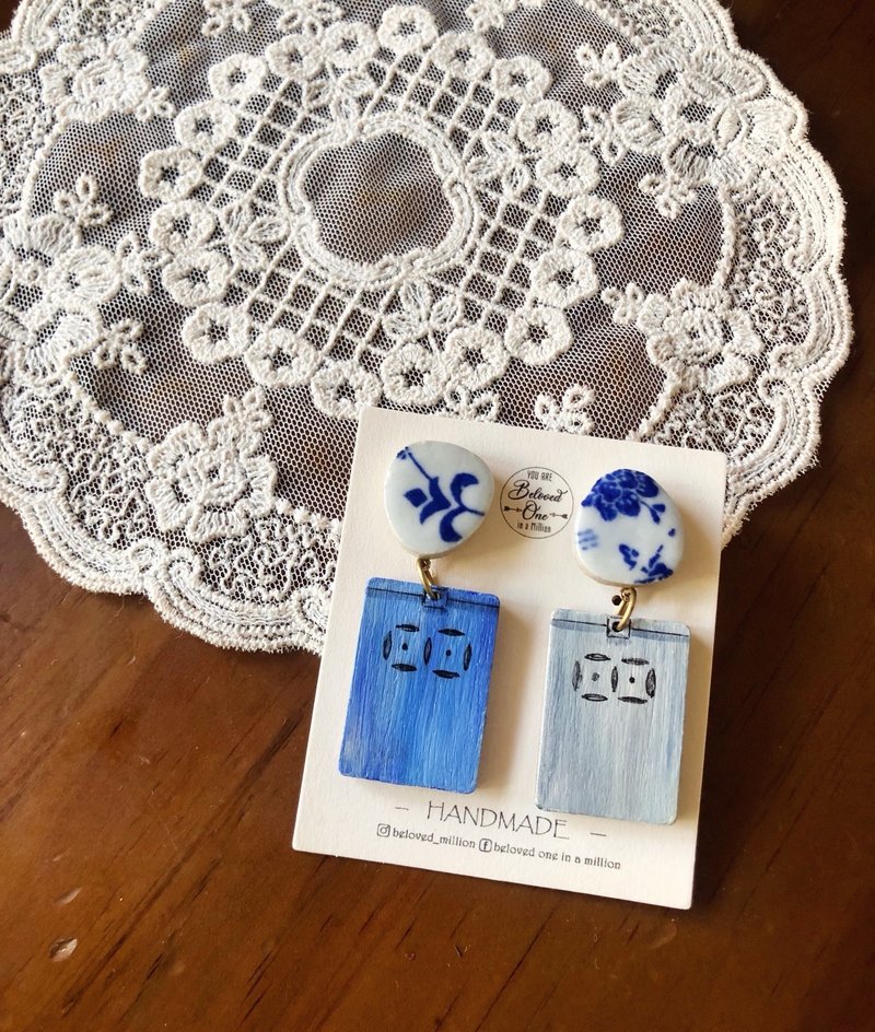 青花瓷x锌铁信箱-香港手绘耳环 - 耳环/耳夹 - 木头 多色