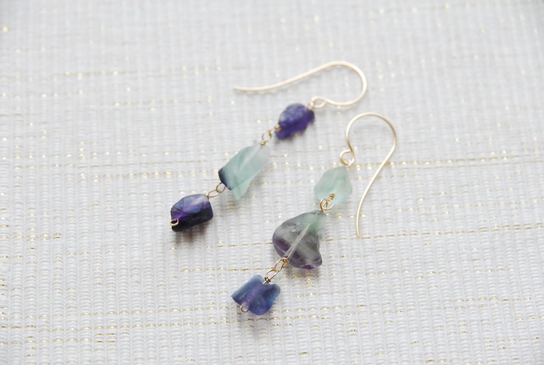 Rough rock fluorite 3 earrings no, 214kgf - 耳环/耳夹 - 半宝石 紫色
