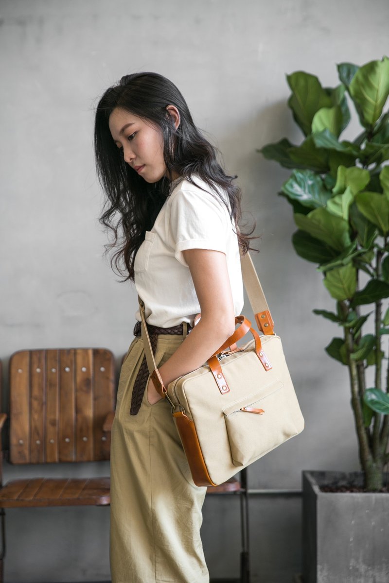 15吋笔电包/计算机包/侧背包生日礼物-日本特制帆布-防泼水 卡其 - 电脑包 - 棉．麻 卡其色