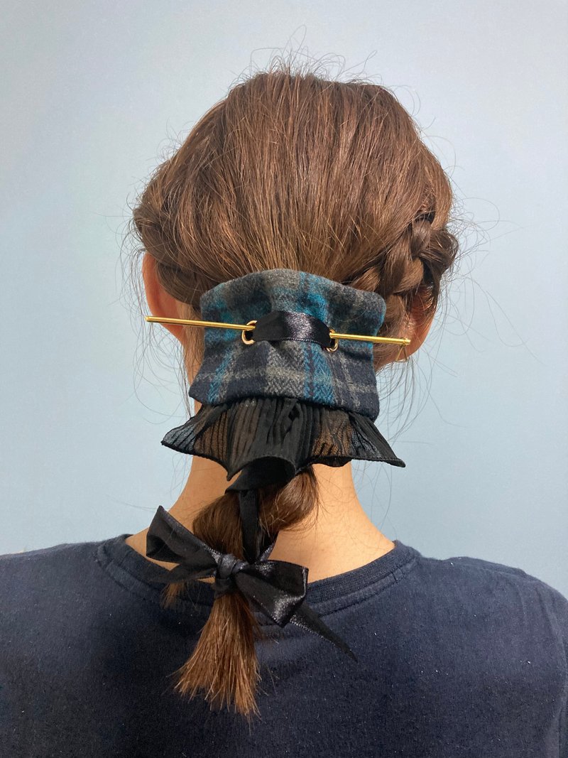 JK 双面灰蓝/桃红灰格仔 头饰 发绳 发簪 三件套 - 发饰 - 其他人造纤维 灰色