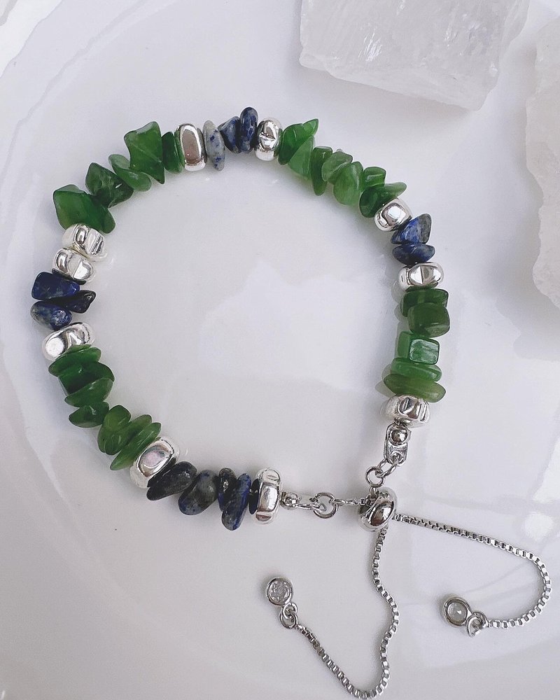 C&W 天然青金石和田碧玉不规则碎石s925纯银抽拉式手链 - 手链/手环 - 玉石 银色