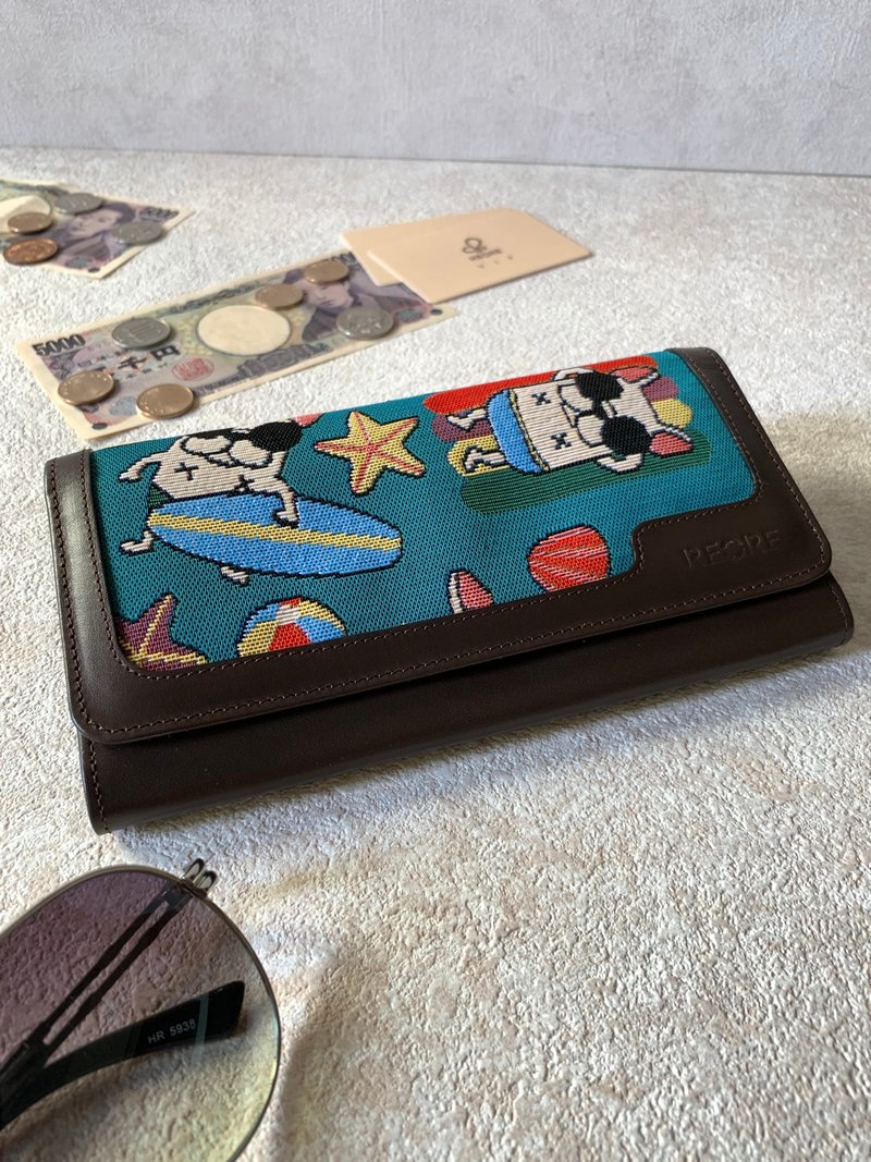 换季特卖  盖扣长夹 真皮/布防泼水 平织缇花  法斗夏日趣 蓝绿 - 皮夹/钱包 - 真皮 咖啡色