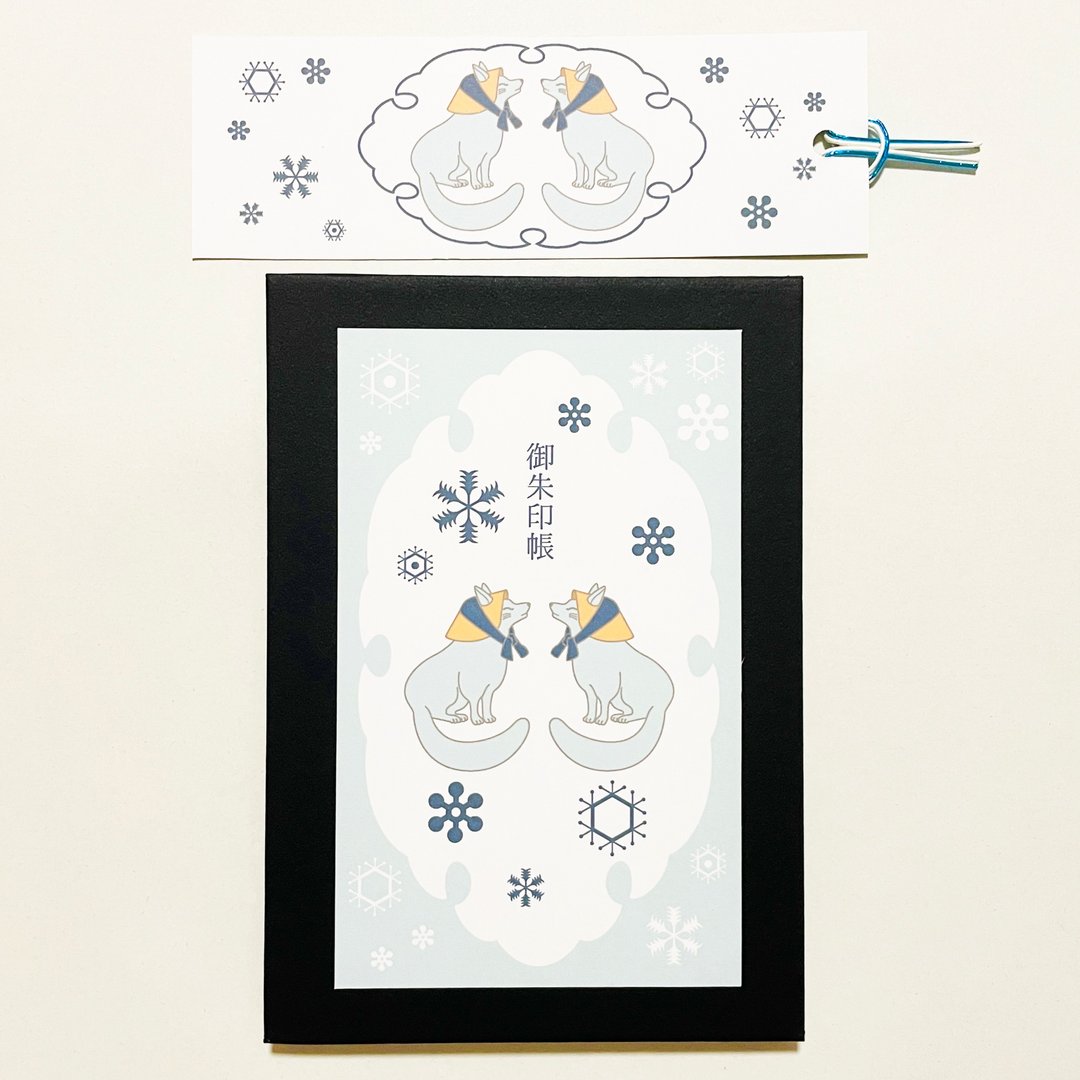 雪笠狛狐 御朱印帐 防水书套 书签组，共20页，蛇腹装订，插画设计，风格独特。 - 笔记本/手帐 - 纸 蓝色