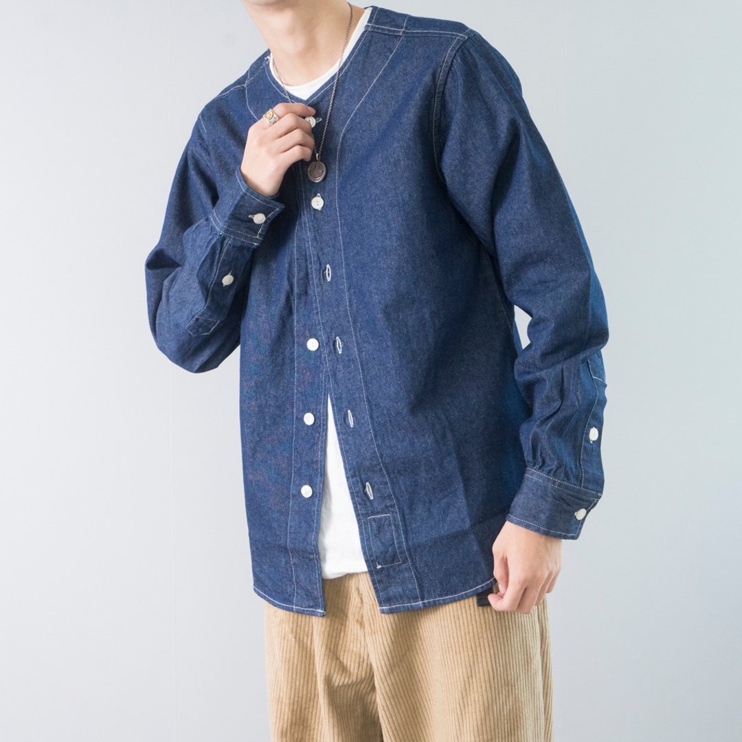 日系搭配 美式复古棒球领牛仔衬衫 原色牛仔长袖衬衫 denim shirt - 男装衬衫 - 棉．麻 蓝色