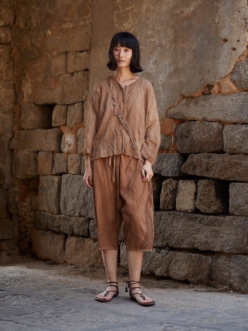 复古文青 真丝提花植物染长裤 - 女装长裤 - 其他材质 咖啡色