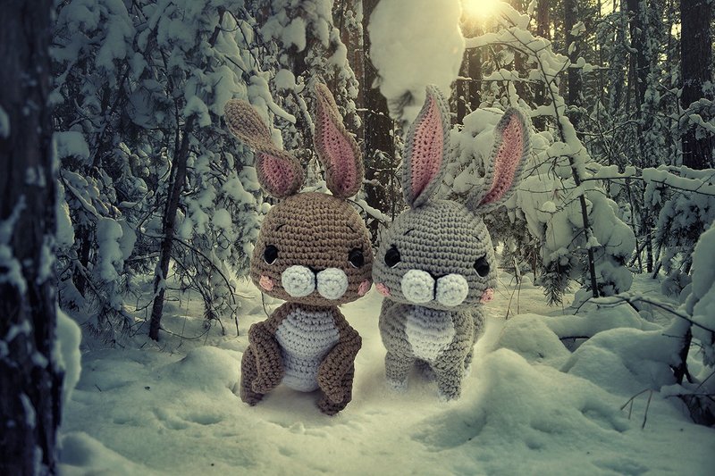Grey and beige bunny, Crochet bunny, Crochet bunny Stuffed toy, bunny toy, knitt - 玩具/玩偶 - 棉．麻 