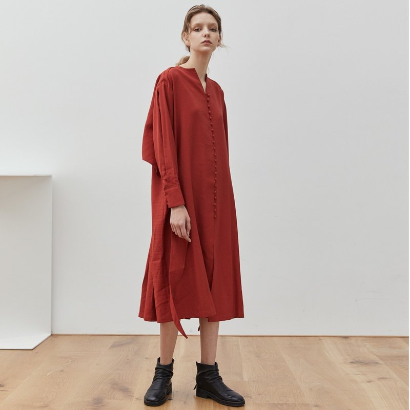 归去来兮 | 三色 法式修道院包扣飘带洋装 含腰带 素面宽松廓形 - 洋装/连衣裙 - 棉．麻 红色