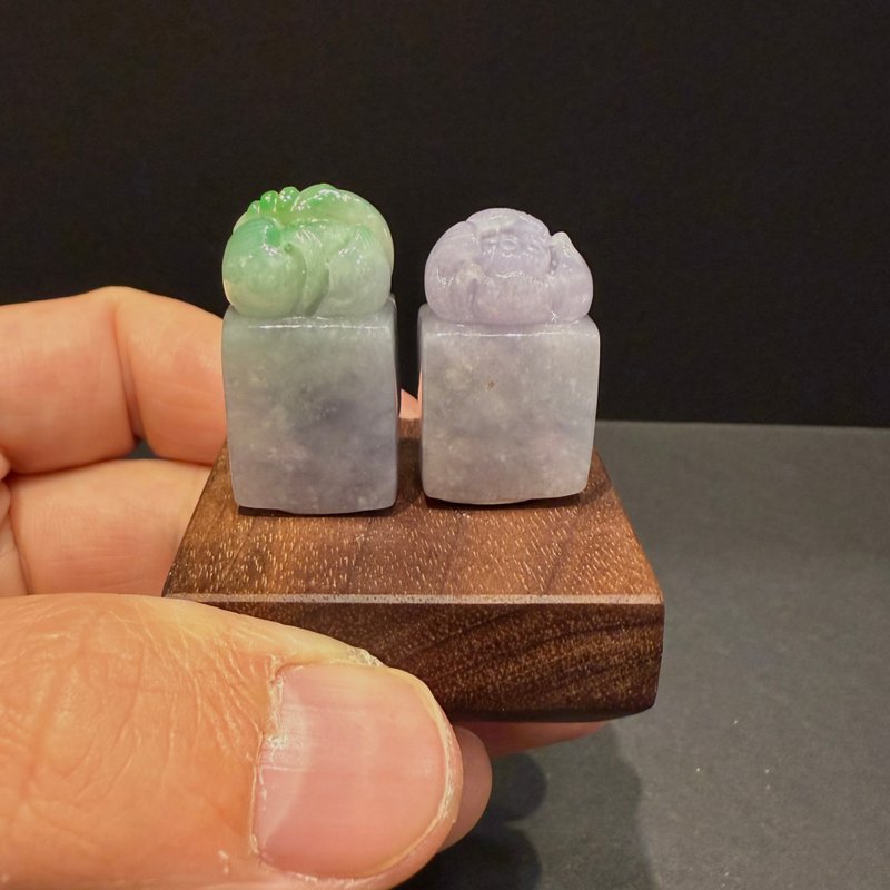 瀚玉珠宝 天然缅甸翡翠 双彩荷花印章一对 春带彩对印 紫罗兰翡翠 - 其他 - 玉石 