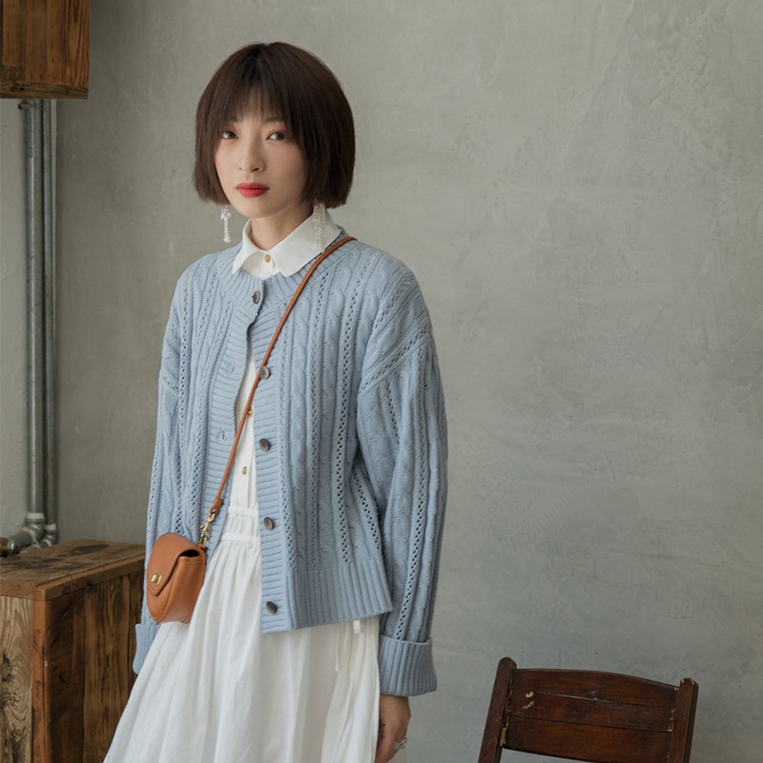 水蓝色镂空绞花薄款开衫|针织衫|外套|春款|棉|Sora-463 - 女装针织衫/毛衣 - 棉．麻 蓝色