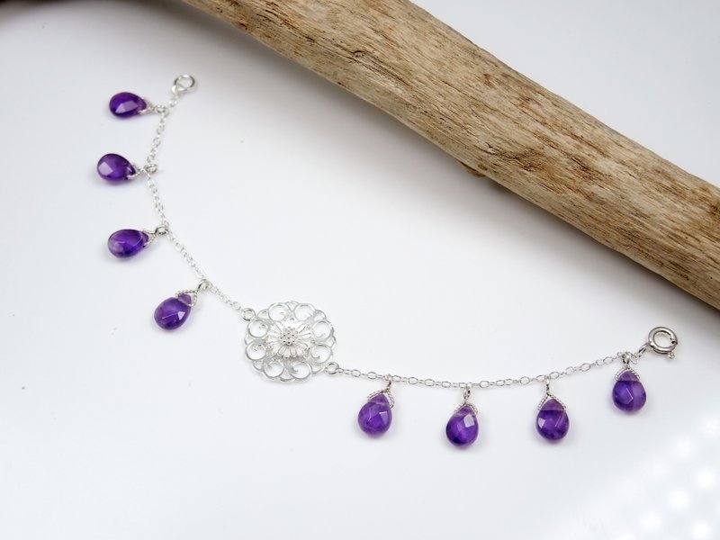 定制化礼物-赏菊-古典唐草雅菊紫水晶麻花925纯银手链 - 手链/手环 - 宝石 紫色