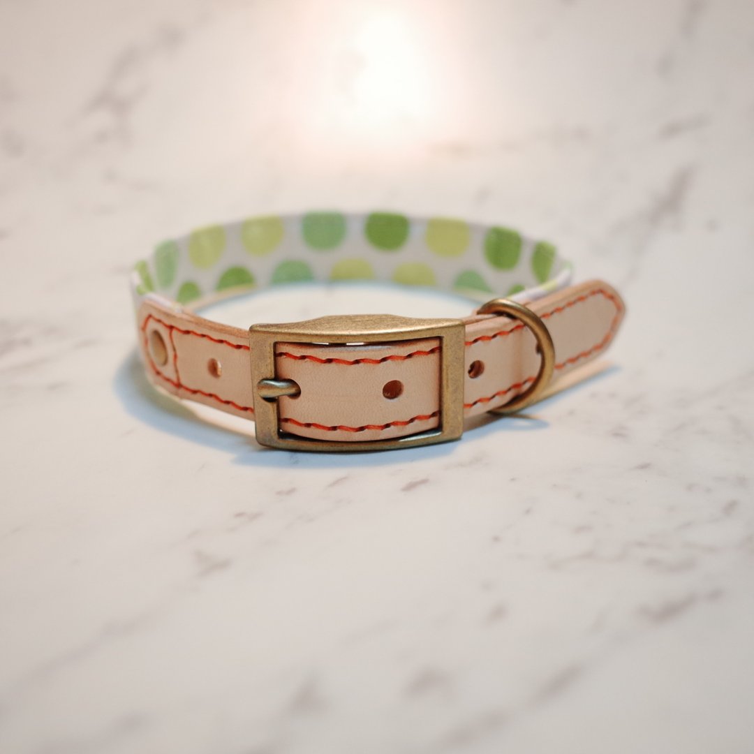 狗 M号 项圈 (不含吊牌) 我的哈密瓜 可爱 绿 点点 日本布 植鞣皮 赠铃铛 西瓜 可上牵绳 - 项圈/牵绳 - 真皮 