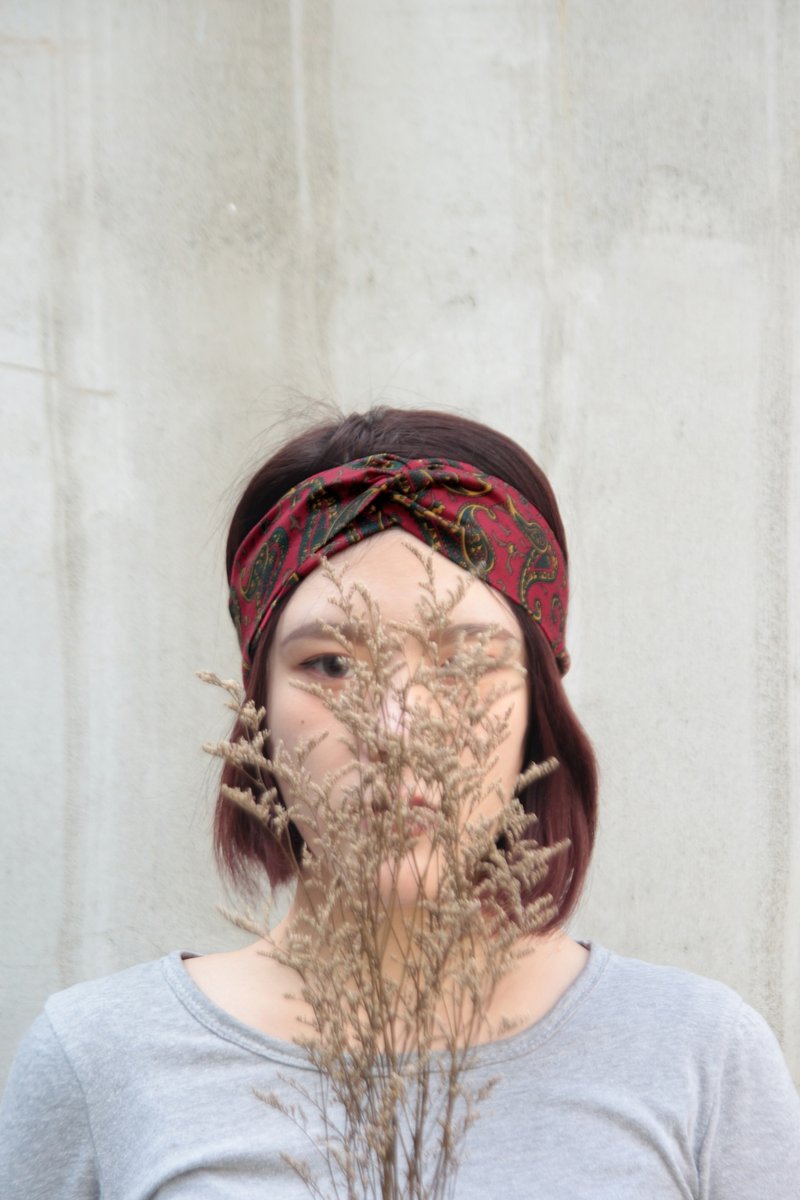 老酒馆  深红  复古变形虫  手工十字松紧发带 - 发带/发箍 - 棉．麻 红色