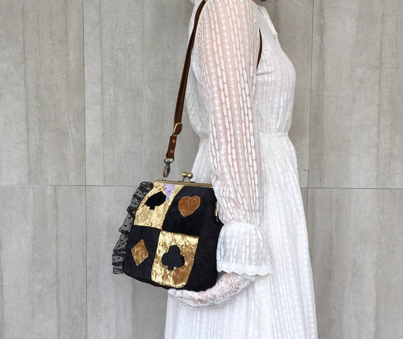 爱丽丝童话 吻锁口金包包 斜背包 侧背包 单肩背包 金色 - 侧背包/斜挎包 - 聚酯纤维 黑色