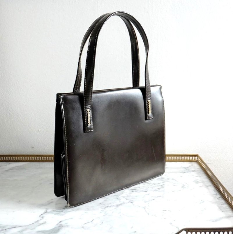 法国复古深啡色皮袋 - 手提包/手提袋 - 真皮 咖啡色