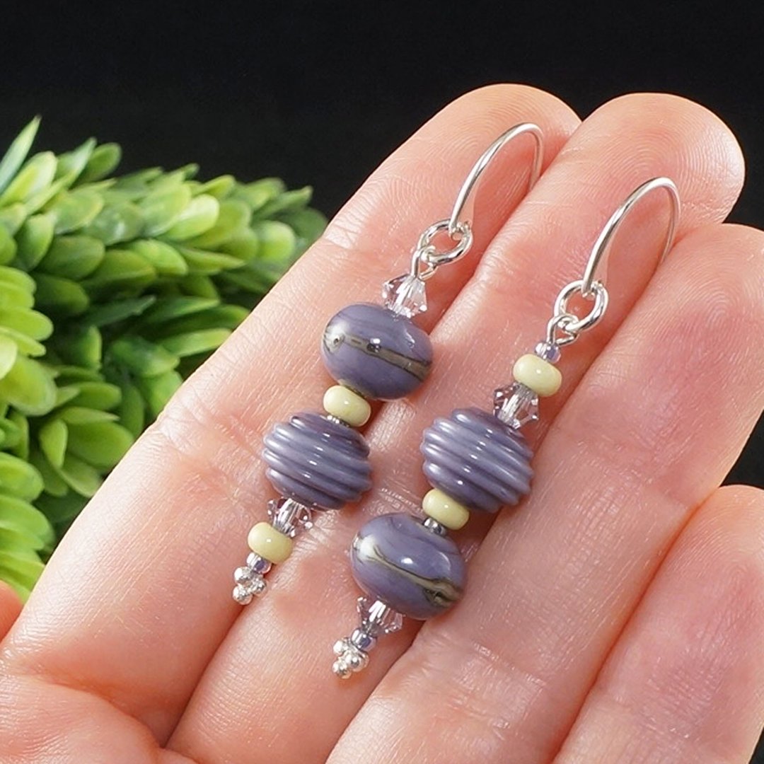 Lavender Purple Lilac Lampwork Murano Glass Sterling Silver Earrings Jewelry - 耳环/耳夹 - 玻璃 紫色