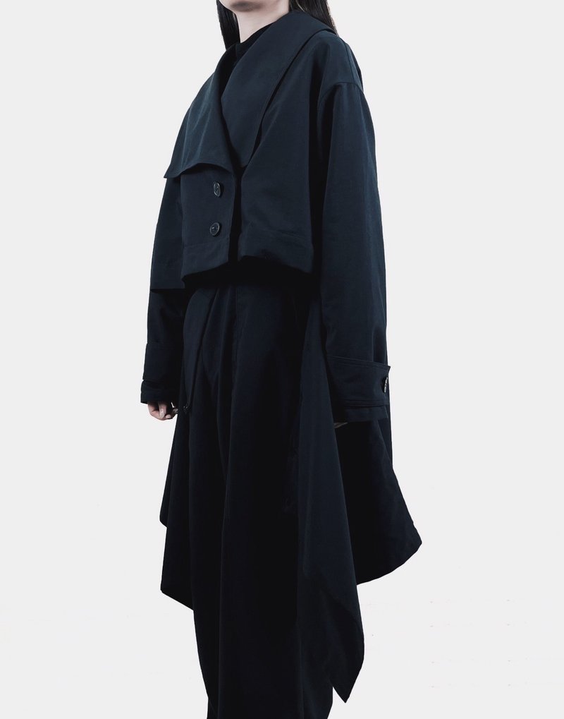 无尽 变化宽领风衣外套 (黑/灰) Organic Cotton & Recycle - 男装外套 - 棉．麻 黑色