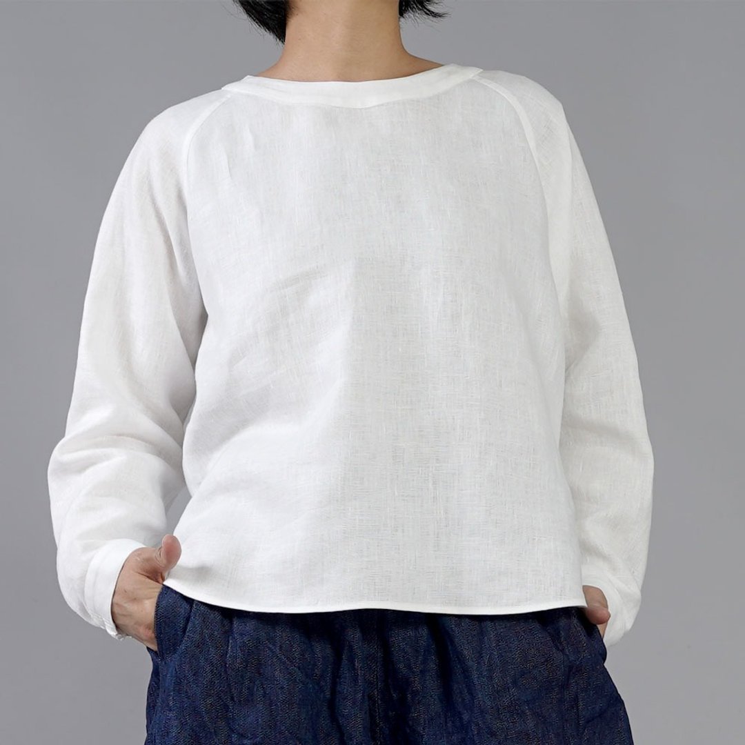 wafu --Midweight Linen Elastic Neck Blouse / White t049a-wht2 - 女装上衣 - 羊毛 白色