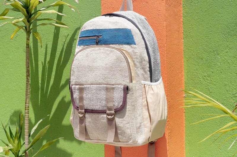 限量一件 棉麻拼接设计后背包 / 肩背包 / 民族登山包 / 拼布包 / 棉麻后背包 / 旅行背包 / 电脑包 - 蓝色天空 色块后背包 - 后背包/双肩包 - 棉．麻 多色
