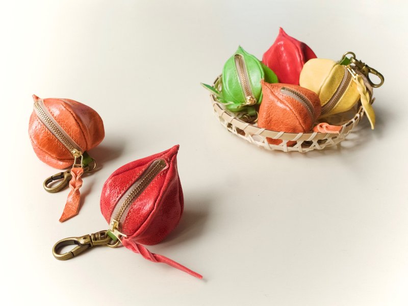 山羊皮迷你小袋 Physalis 可放入 AirPods 和眼药水 - 钥匙链/钥匙包 - 真皮 橘色