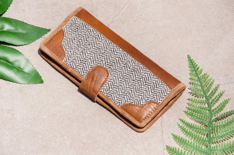 手工棉麻拼接皮革长夹/长皮夹/零钱包/编织皮夹-植物染黑山丘皮夹 - 皮夹/钱包 - 真皮 黑色