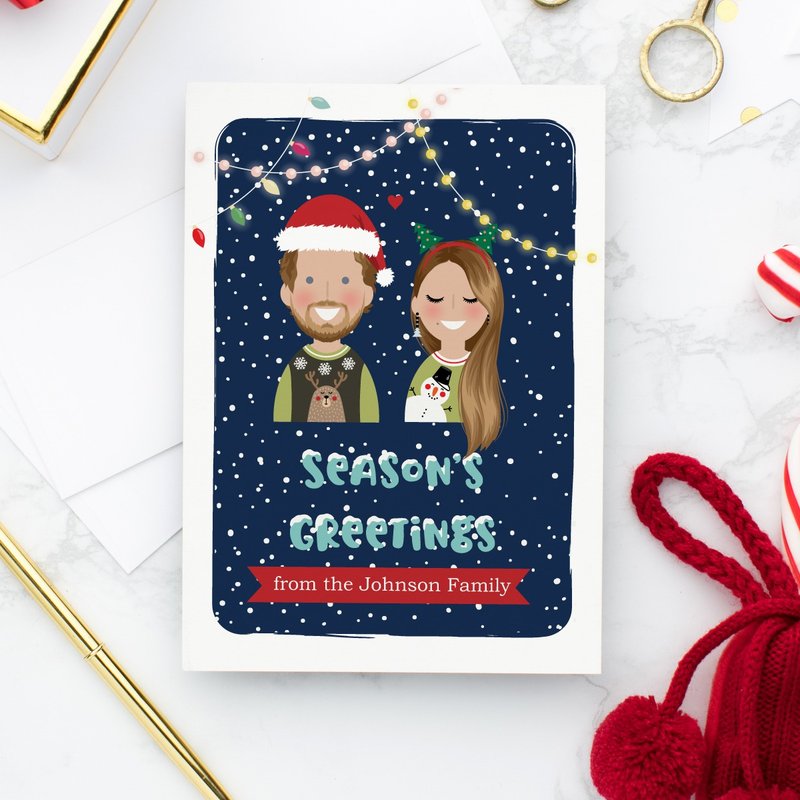 Custom printable Holiday cards. Portrait Christmas card. Cute cartoon Xmas card - 电子喜帖/贺卡/邀请函 - 其他材质 