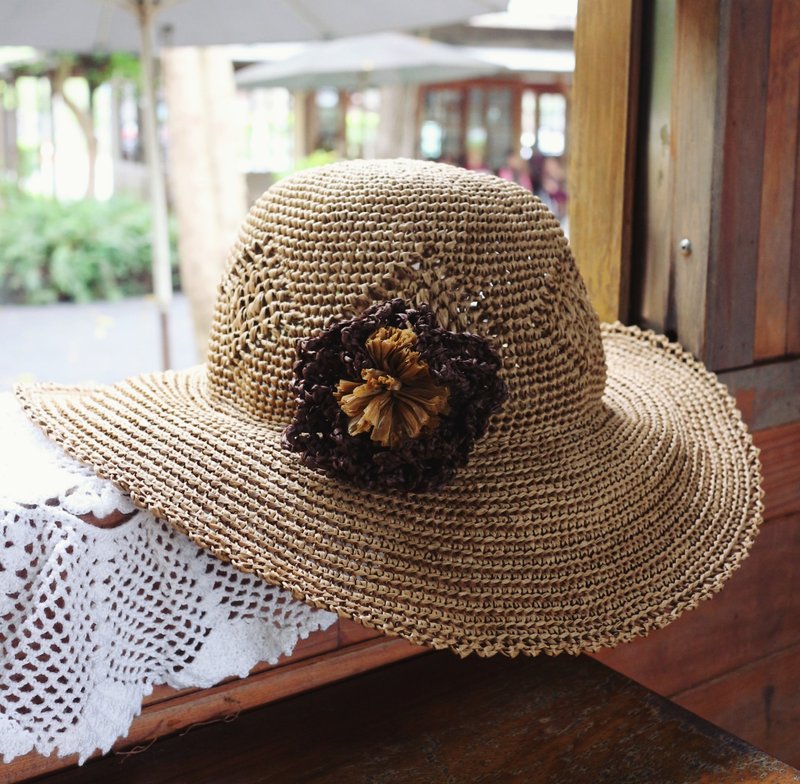 手作-花样编织大帽檐-手编织遮阳帽-大头围/出游/轻旅行/生日礼物 - 帽子 - 纸 卡其色