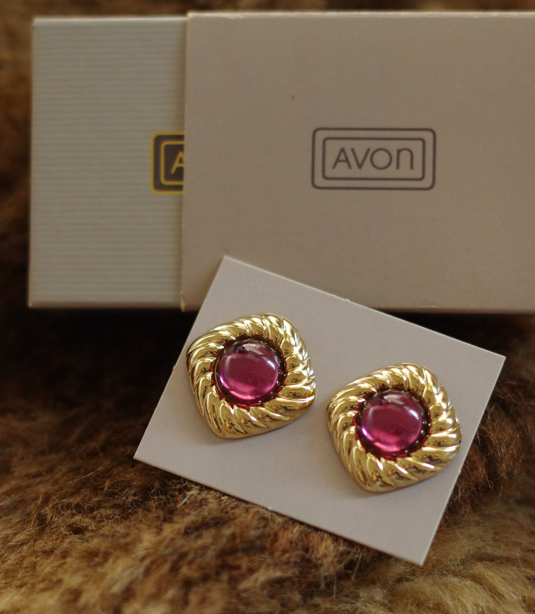 老又好古董珠宝金色透光紫色方形针式耳环Avon 1986 P141 - 耳环/耳夹 - 其他金属 银色