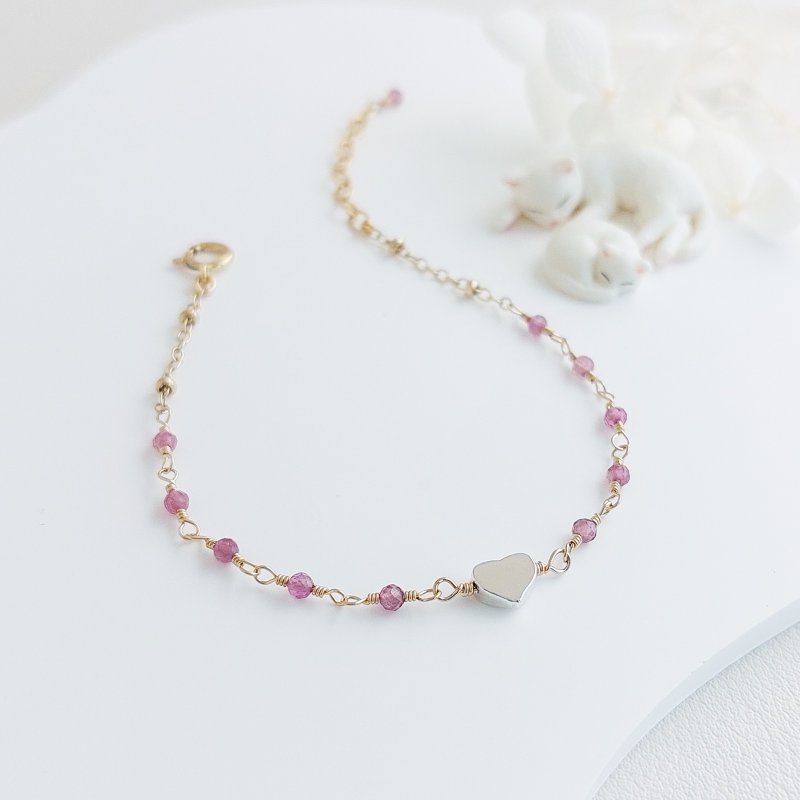 925银爱心 + 玫红碧玺 x 14KGF手链 - 手链/手环 - 宝石 粉红色