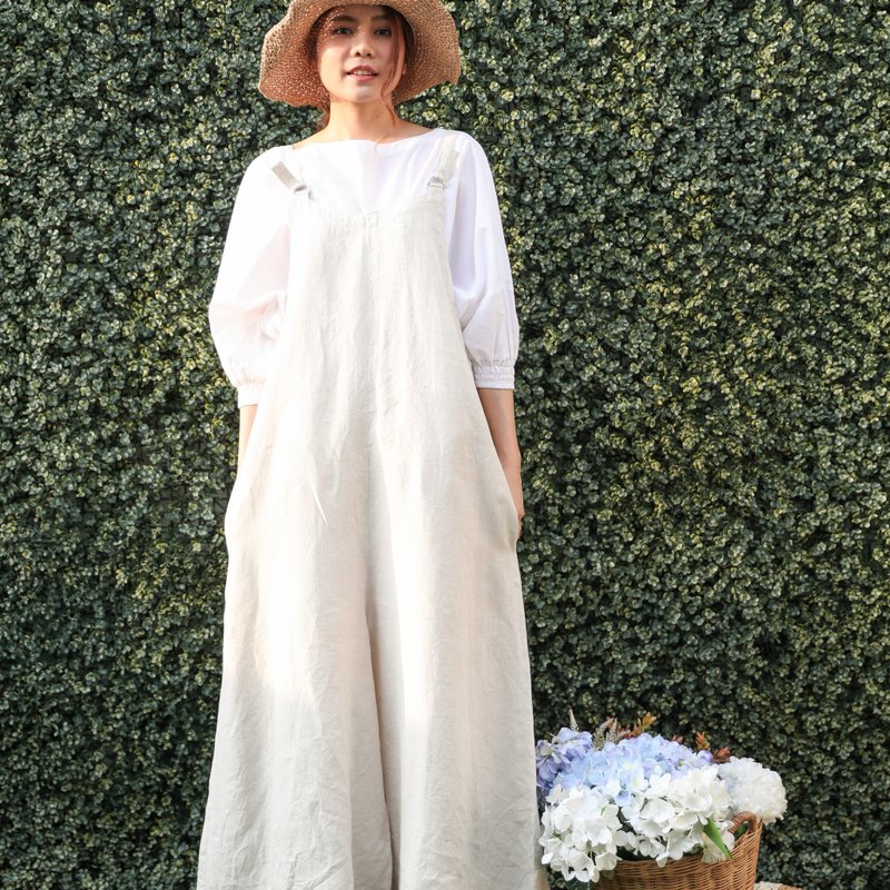 可调式肩带长裤连身裤，附有口袋，亚麻连身裤 - 自然色 - 背带裤/连体裤 - 亚麻 白色