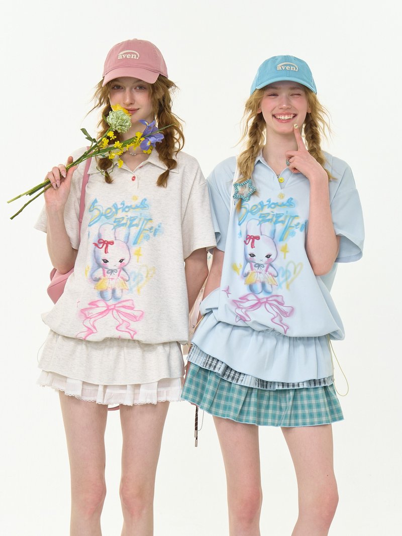 ziziFei夏季美式设计感兔子印花抽绳收腰上衣polo领卫衣短袖t恤女 - 女装 T 恤 - 其他材质 