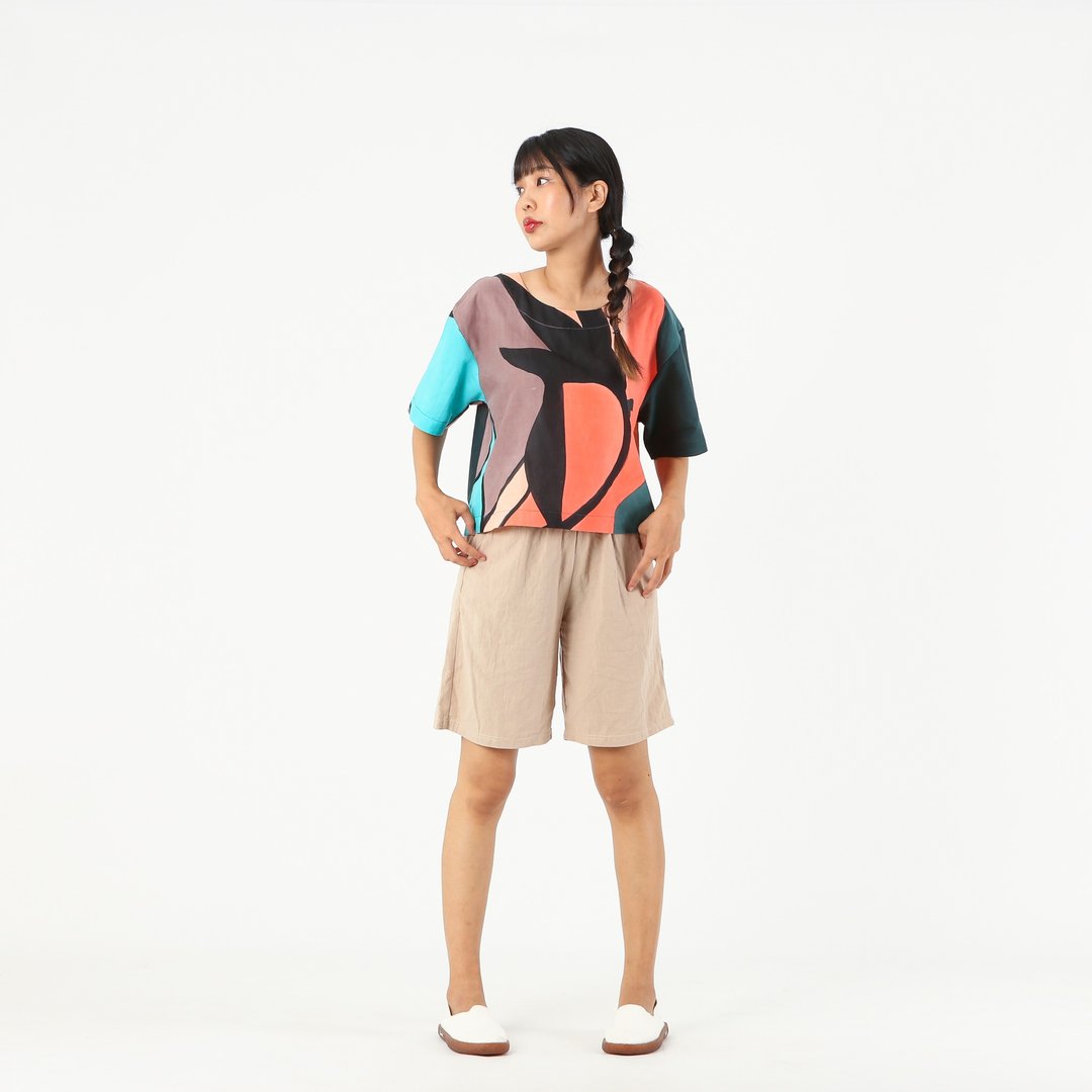 夏季海滩度假风和服式嫘萦棉手绘罩衫 - 女装上衣 - 棉．麻 咖啡色