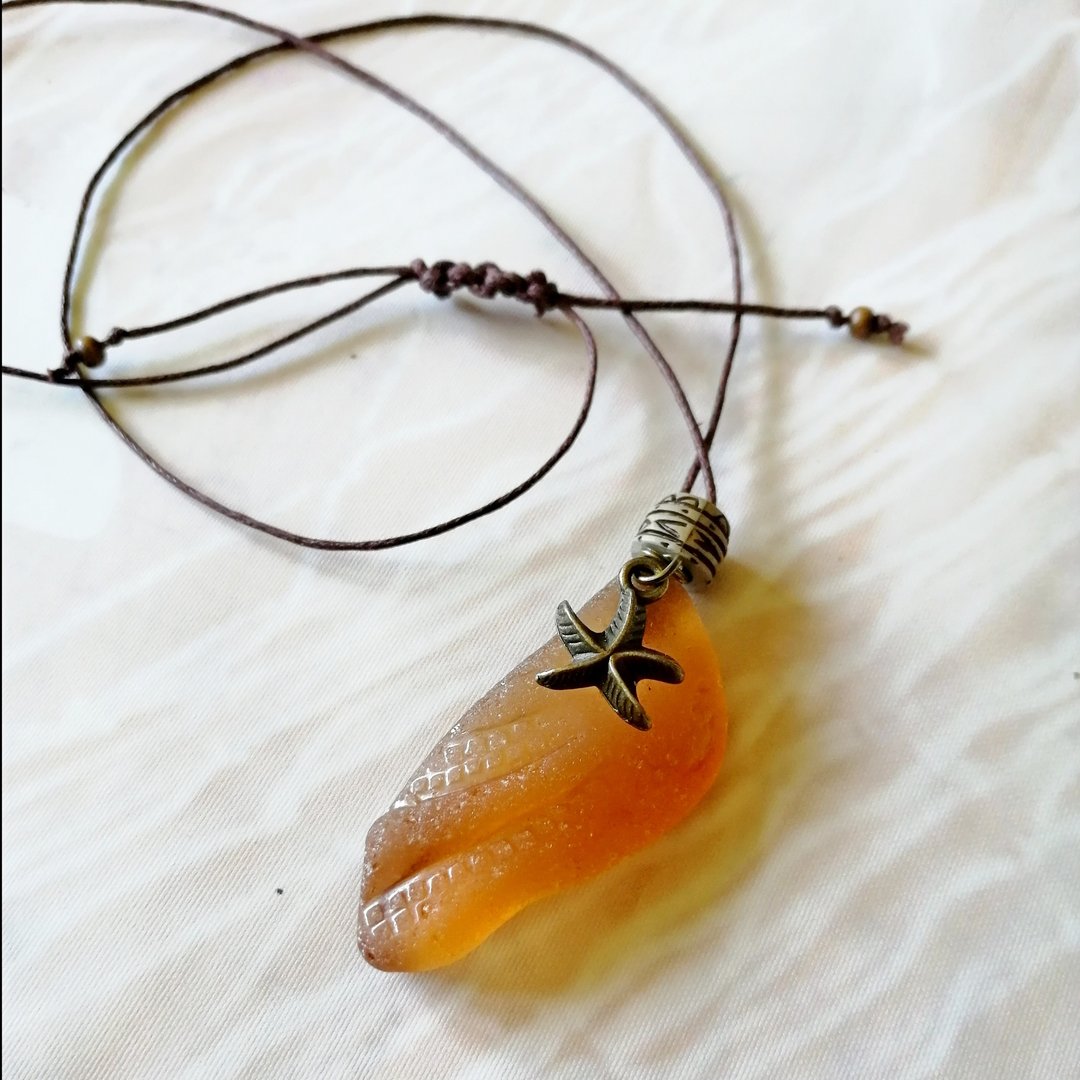 Starfish Sea glass pendant海星項鍊/海洋風Cute女朋友禮物 Everyday Jewelry海玻璃项链 Sea gift七夕情人節 - 项链 - 玻璃 咖啡色