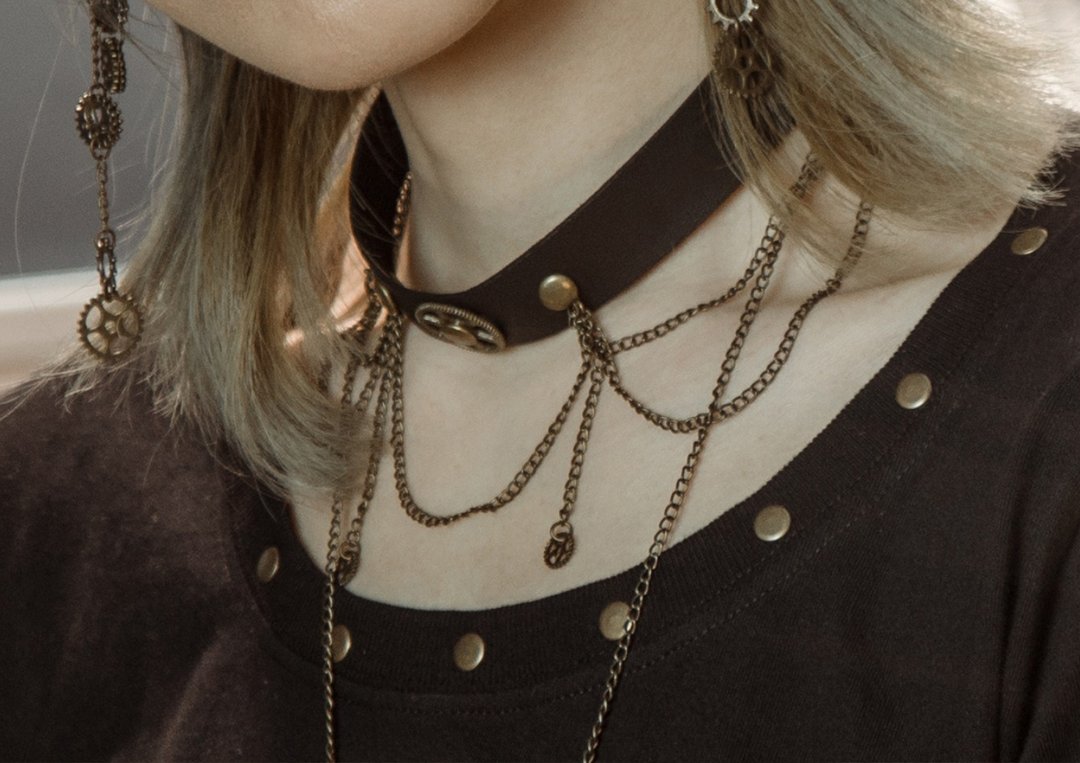 蒸汽朋克  金属齿轮 皮革 多层choker 脖圈 颈圈 项链 - 项链 - 人造皮革 黑色
