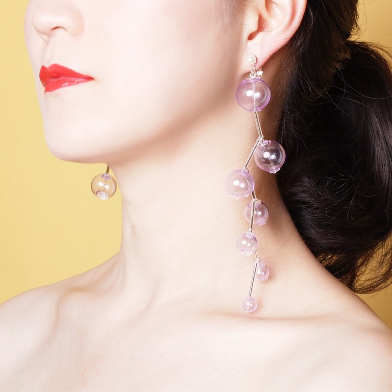透明气泡玻璃球不对称耳夹耳环芸所原创 - 耳环/耳夹 - 玻璃 粉红色
