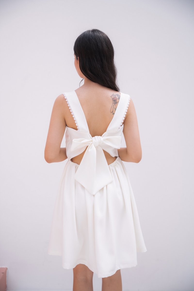 Sexy back bow dress white rustic wedding dress vintage summer style party dress - 洋装/连衣裙 - 聚酯纤维 白色