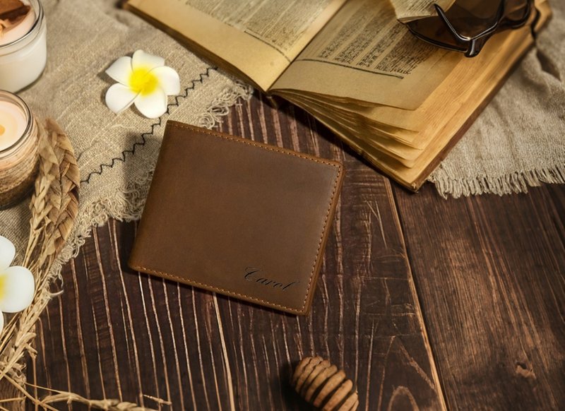 瘋馬皮錢包真皮錢夾簡約設計免費刻字 - 皮夹/钱包 - 真皮 多色