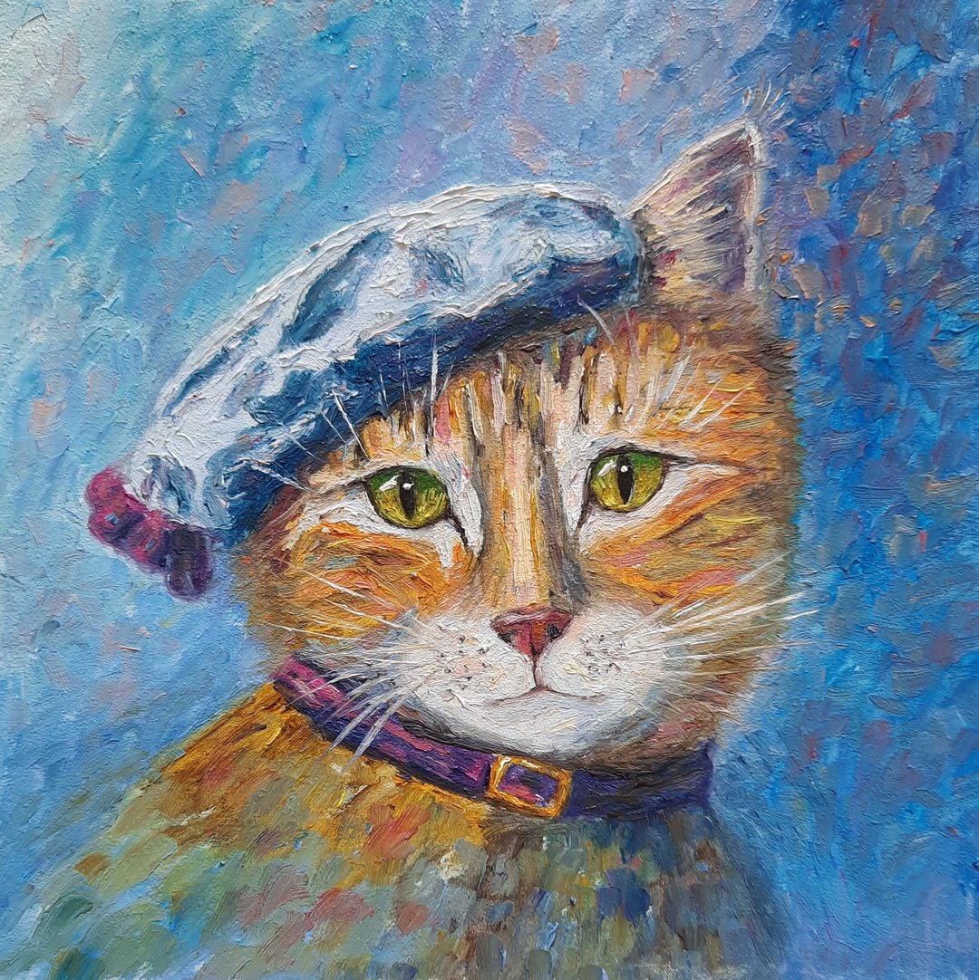 猫咪戴帽原创油画、贝蕾帽壁画、动物肖像手绘装饰 - 墙贴/壁贴 - 环保材料 多色