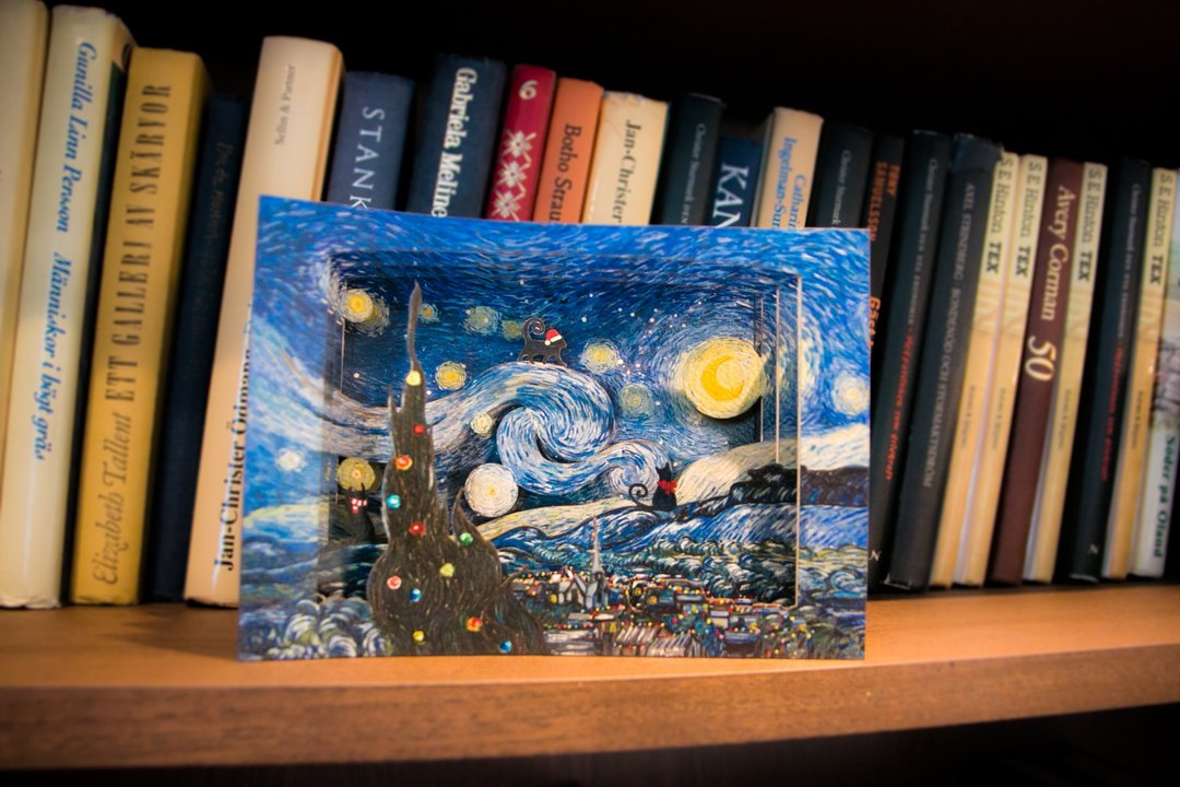 【立体名画卡片】圣诞星空- 漫步在星夜中的猫咪 - 卡片/明信片 - 纸 多色