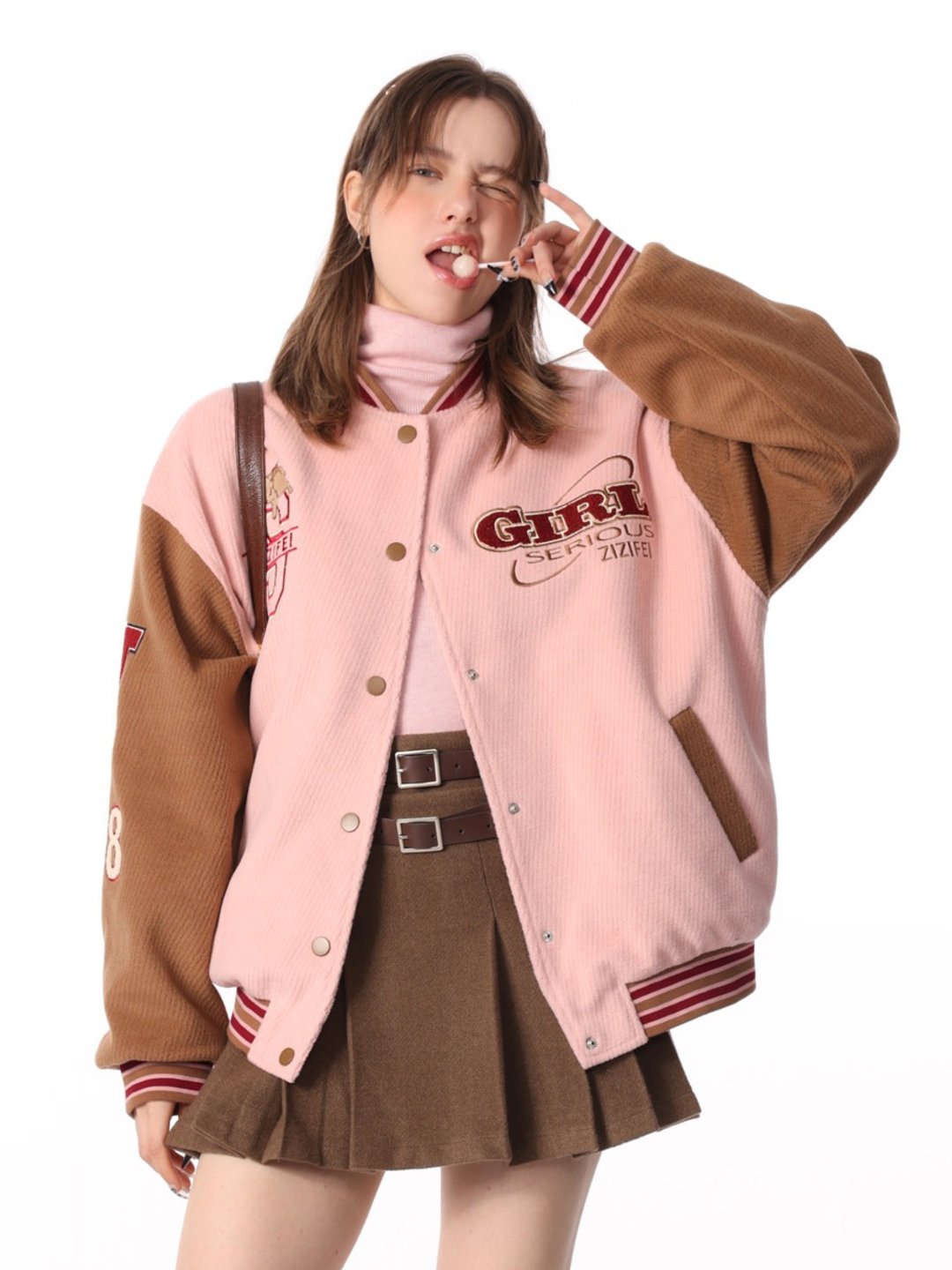 ziziFei秋冬季美式设计感加厚加绒粉色撞色拼接毛呢棒球服外套女 - 女装西装外套/风衣 - 其他材质 