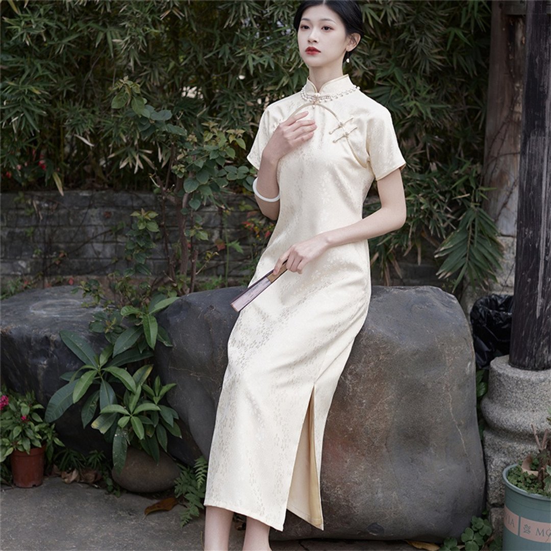 玉瑾 米杏色短袖改良雙襟旗袍 夏季新款復古少女洋裝 日常連衣裙 - 旗袍 - 聚酯纤维 黄色