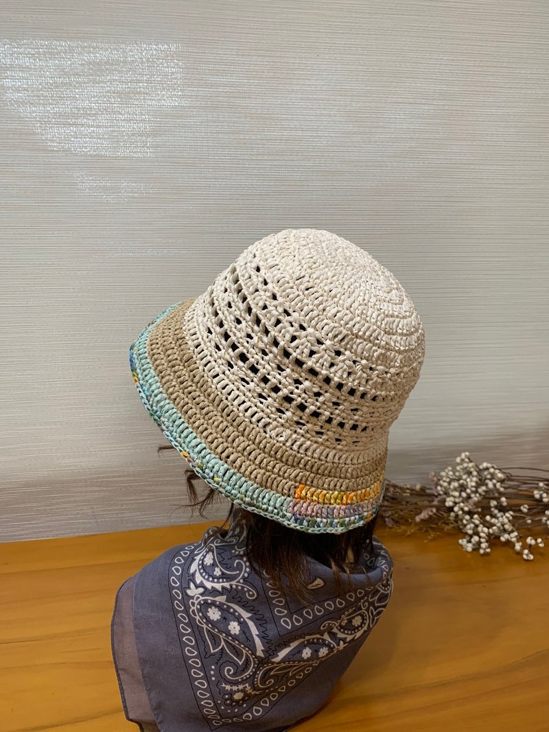 撞色遮阳帽。米白/卡其/淡绿/段染橘粉。夏天轻便型草帽 - 帽子 - 纸 