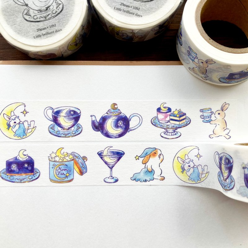MoonTea 纸胶带 夜空月亮与兔子 20mm - 纸胶带 - 纸 蓝色