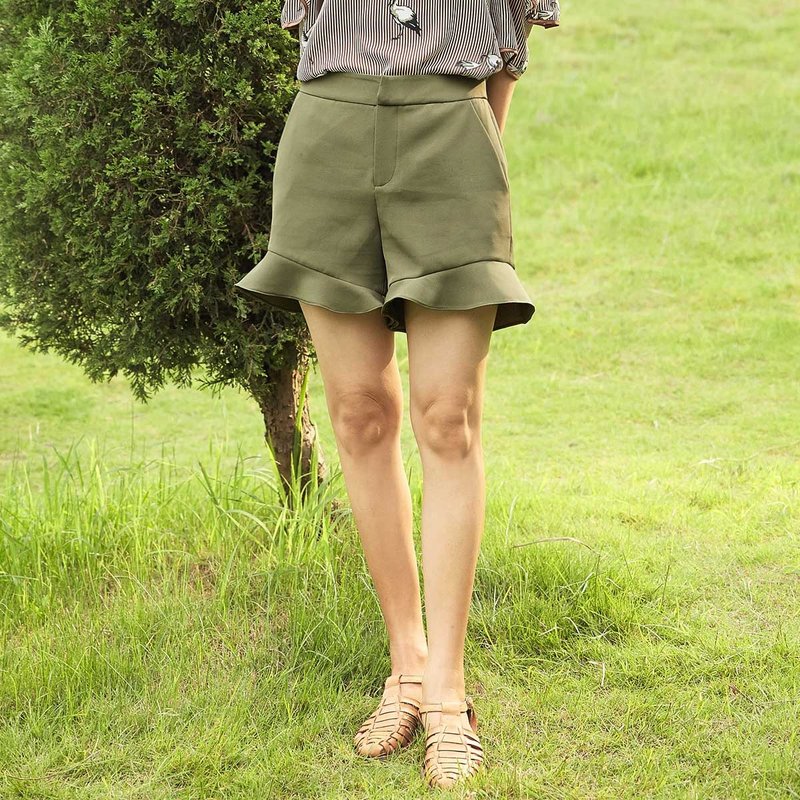 安妮陈2018夏装新款女士裤子高腰荷叶边短裤热裤 - 女装短裤 - 其他材质 绿色