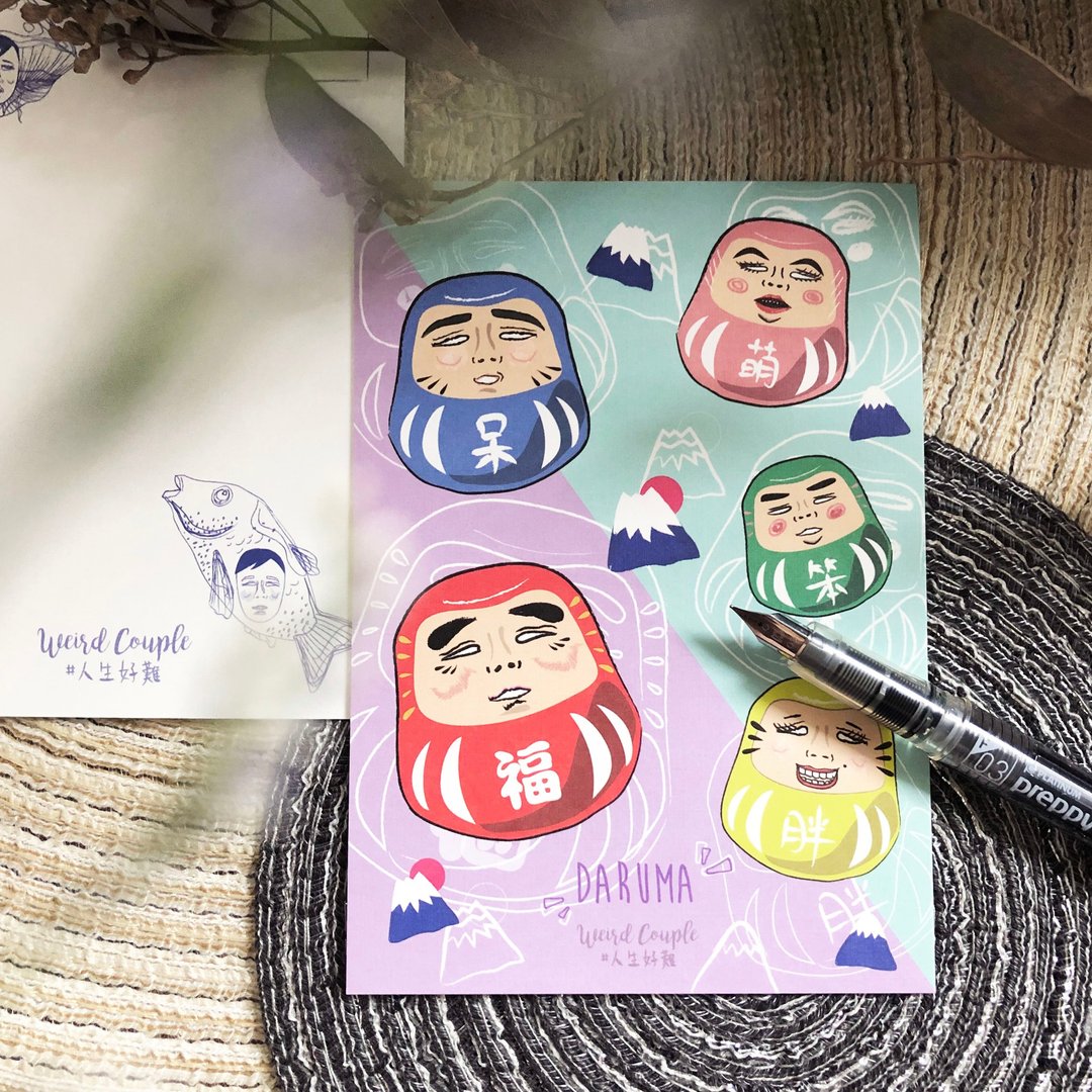 翻白眼达摩 插画明信片一张 - 卡片/明信片 - 纸 多色