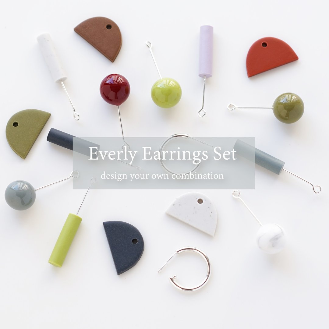 Everly Earrings Set 原创设计 手工软陶 纯银耳针 耳环套装 - 耳环/耳夹 - 陶 白色