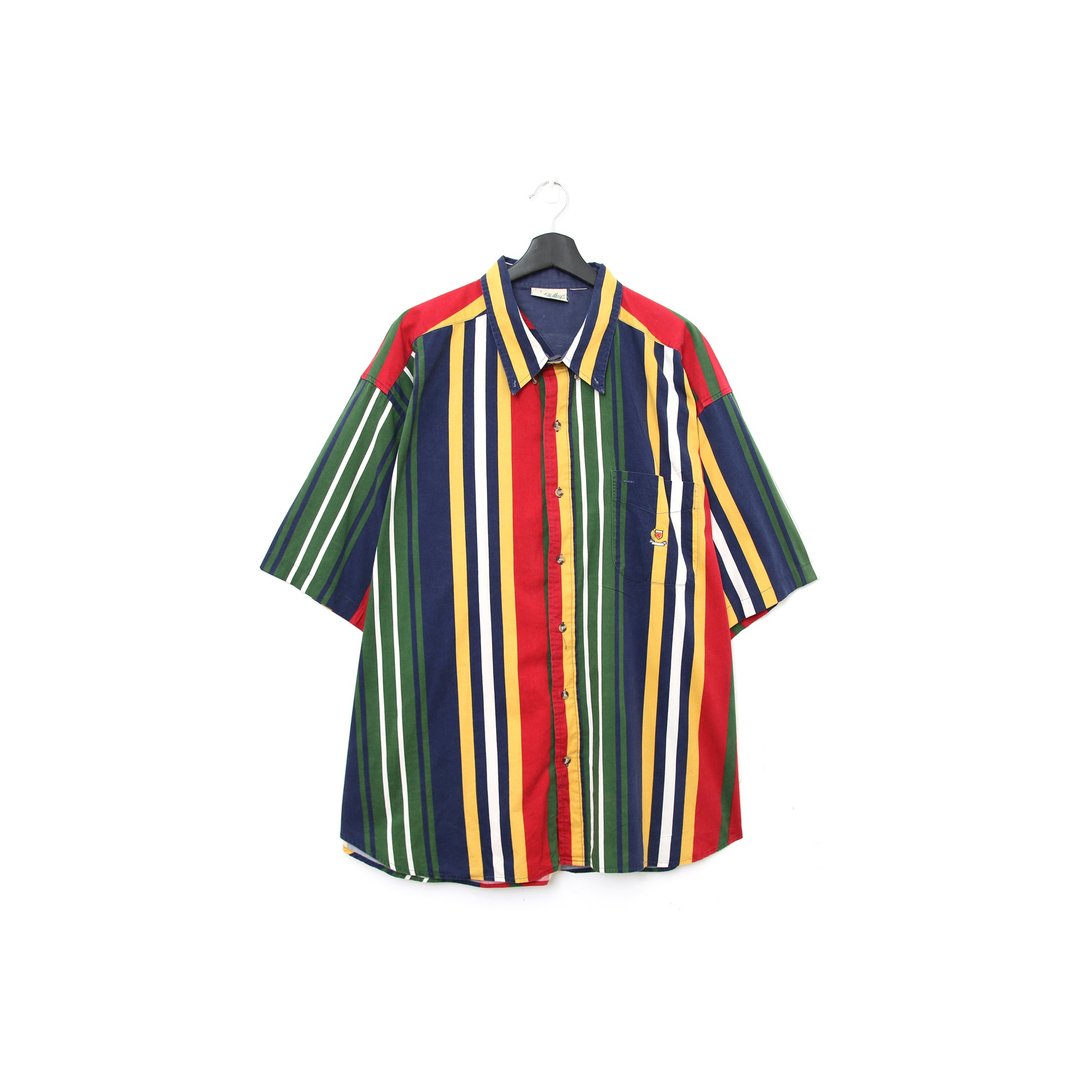 Back to Green- 色彩短袖条纹衬衫 s-10 /vintage shirt - 男装衬衫 - 棉．麻 