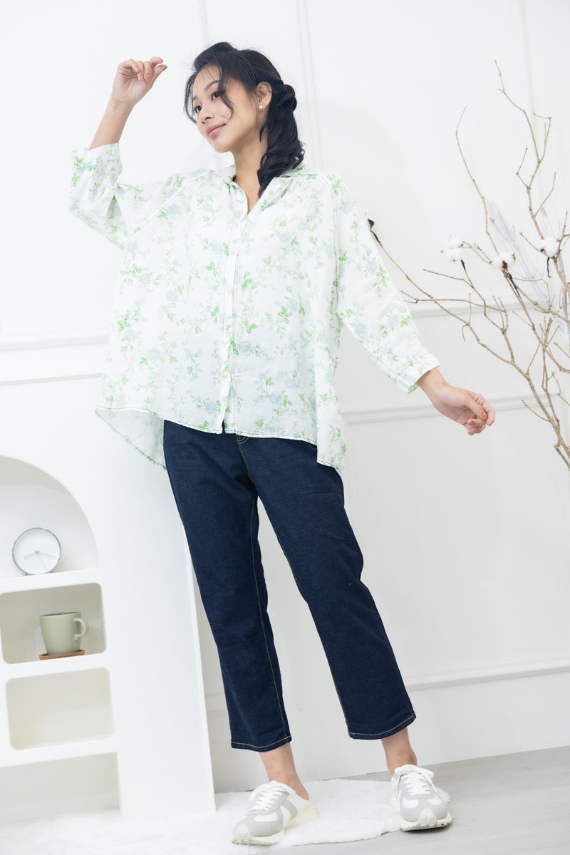 绿叶灰兰花棉纱衬衫 白色 - 女装衬衫 - 其他材质 白色