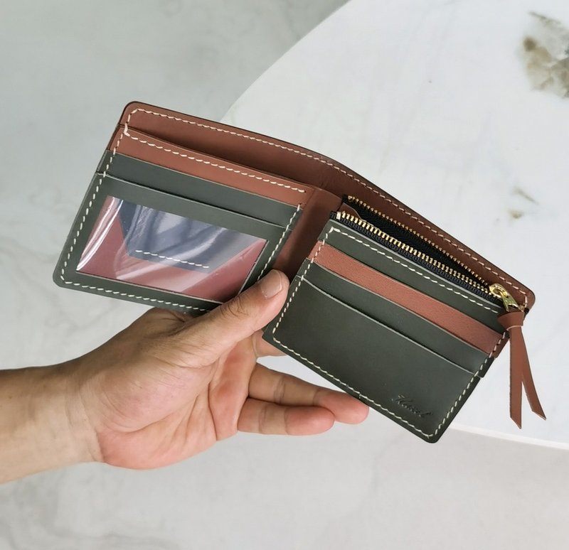 手缝牛皮钱包 拉链零钱袋男士皮夹 散纸袋银包拼色 墨绿+棕色 - 皮夹/钱包 - 真皮 